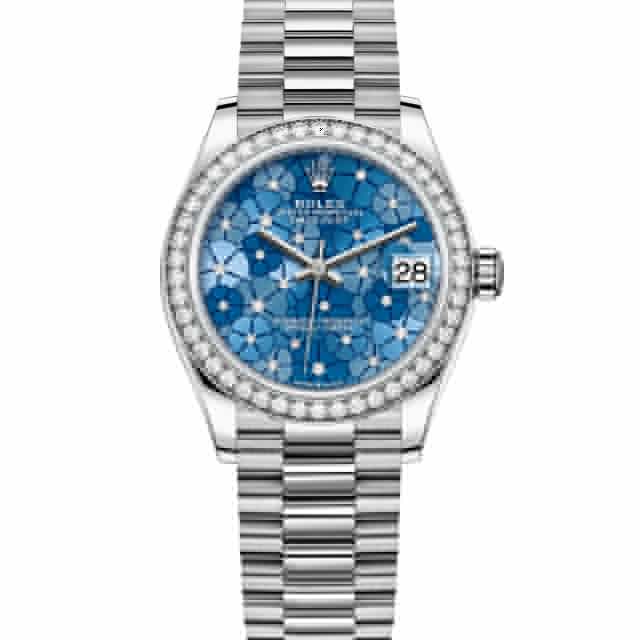 Rolex Datejust 31 278289RBR Wristwatch, President Bracelet, Azzurro Blue Floral Motif with Diamonds Dial, Diamond Bezel