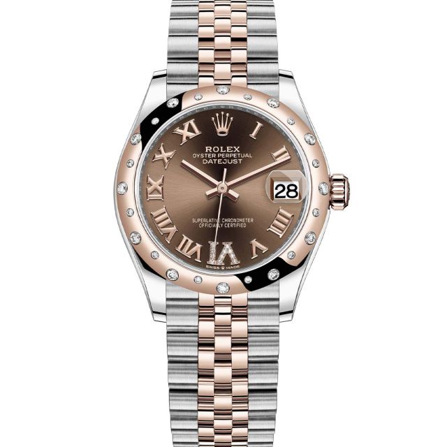 Rolex Datejust 31 278341RBR Wristwatch, Jubilee Bracelet, Chocolate Roman VI Diamond Dial, Diamond Bezel