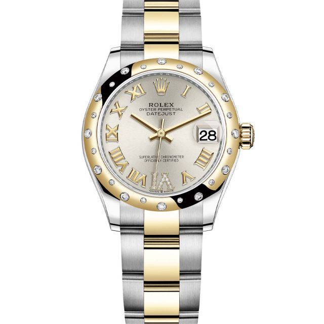 Rolex Datejust 31 278343RBR Wristwatch, Oyster Bracelet, Silver Roman VI Diamond Dial, Diamond Bezel