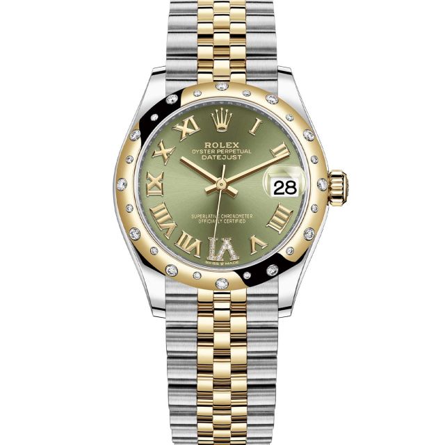 Rolex Datejust 31 278343RBR Wristwatch, Jubilee Bracelet, Olive Green Roman VI Diamond Dial, Diamond Bezel