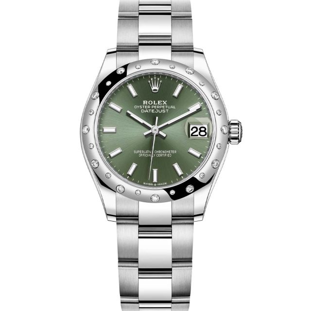 Rolex Datejust 31 278244RBR Wristwatch, Oyster Bracelet, Mint Green Dial, Diamond Bezel