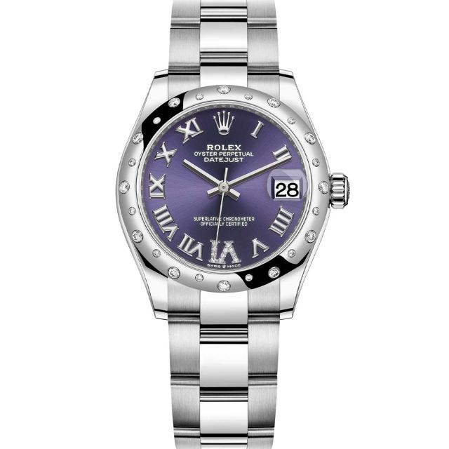 Rolex Datejust 31 278244RBR Wristwatch, Oyster Bracelet, Aubergine Roman VI Diamond Dial, Diamond Bezel