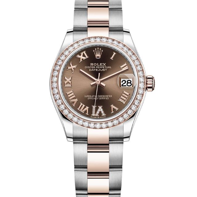Rolex Datejust 31 278381RBR Wristwatch, Oyster Bracelet, Chocolate Roman VI Diamond Dial, Diamond Bezel
