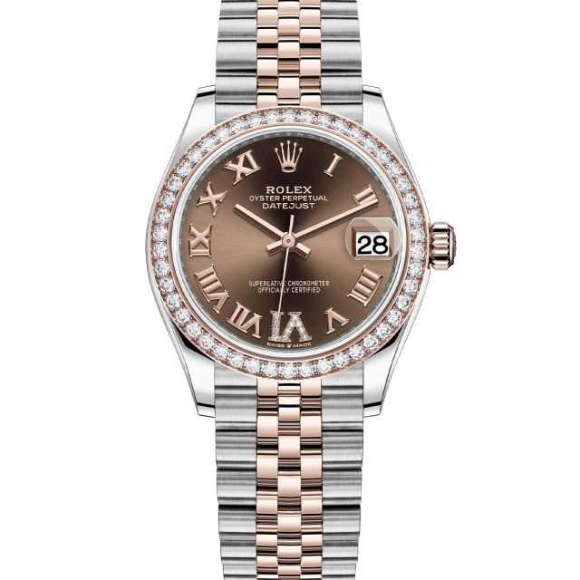 Rolex Datejust 31 278381RBR Wristwatch, Jubilee Bracelet, Chocolate Roman VI Diamond Dial, Diamond Bezel