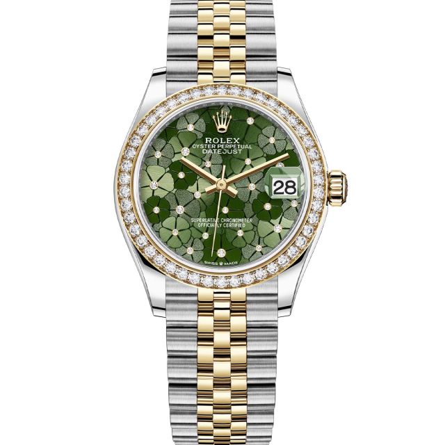 Rolex Datejust 31 278383RBR Wristwatch, Jubilee Bracelet, Olive Green Floral Motif with Diamonds Dial, Diamond Bezel
