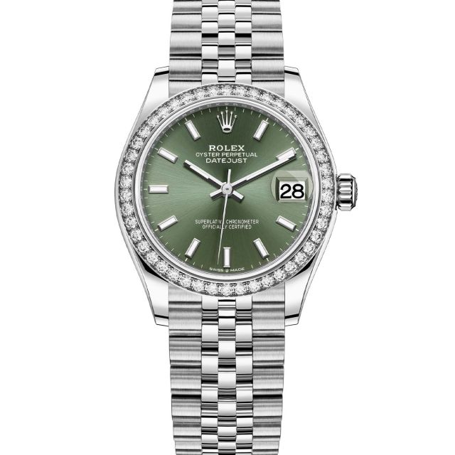 Rolex Datejust 31 278384RBR Wristwatch, Jubilee Bracelet, Mint Green Dial, Diamond Bezel