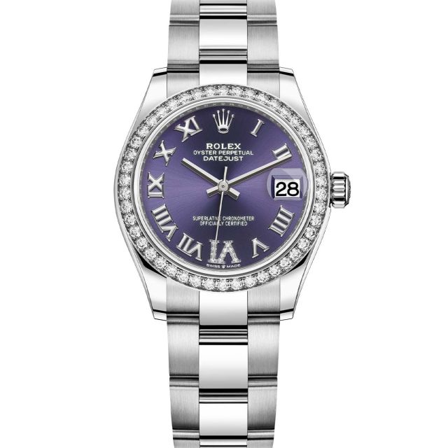 Rolex Datejust 31 278384RBR Wristwatch, Oyster Bracelet, Aubergine Roman VI Diamond Dial, Diamond Bezel