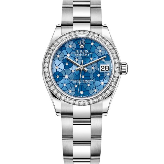 Rolex Datejust 31 278384RBR Wristwatch, Oyster Bracelet, Azzurro Blue Floral with Diamonds Dial, Diamond Bezel