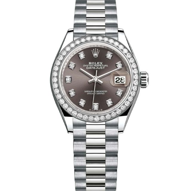 Rolex Lady-Datejust 28 279139RBR Wristwatch President Bracelet Dark Grey Diamond Dial Diamond Bezel