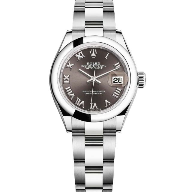 Rolex Lady-Datejust 28 279160 Wristwatch Oyster Bracelet Dark Grey Roman Dial Domed Bezel