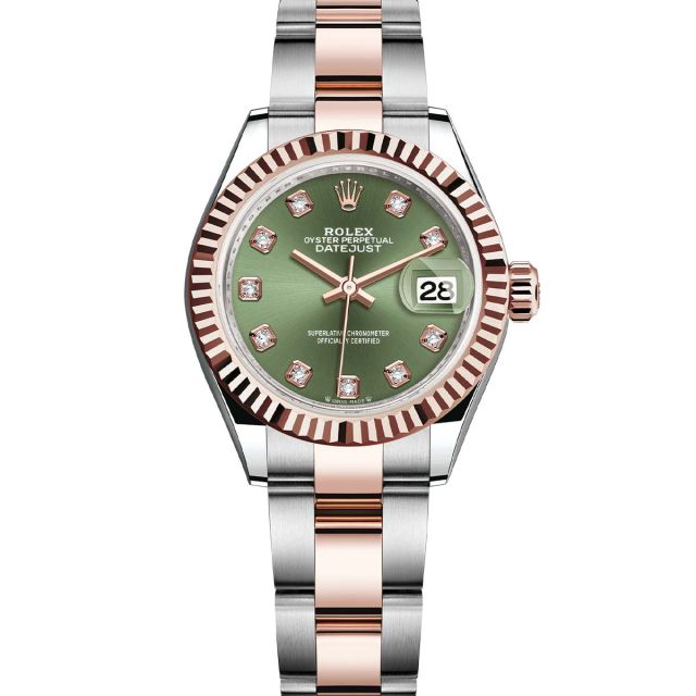 Rolex Lady-Datejust 279171 Wristwatch Oyster Bracelet Olive Green Diamond Dial Fluted Bezel