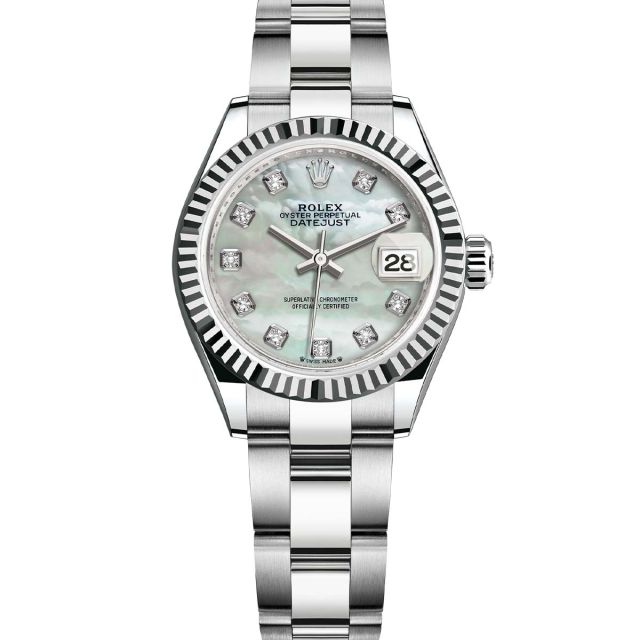 Rolex Lady-Datejust 28 279174 Wristwatch Mother of Pearl Diamond Dial Oyster Bracelet Fluted Bezel