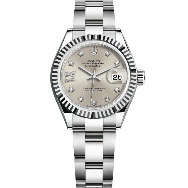 Rolex Lady-Datejust 28 279174 Wristwatch Silver Star Diamond IX Roman Dial Oyster Bracelet Fluted Bezel