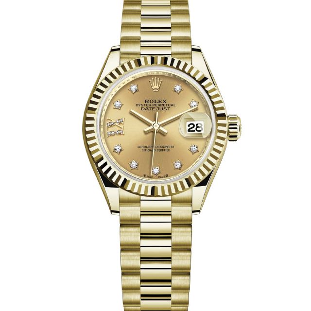 Rolex Lady-Datejust 28 279178 Wristwatch President Bracelet Champagne Diamond Star Dial Fluted Bezel