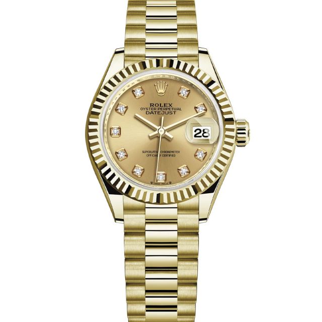 Rolex Lady-Datejust 28 279178 Wristwatch President Bracelet Champagne Diamond Dial Fluted Bezel