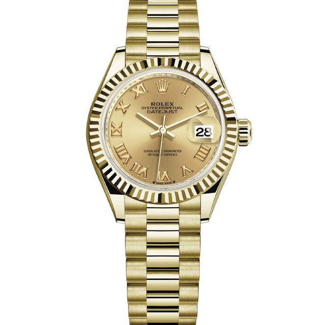 Rolex Lady-Datejust 28 279178 Wristwatch President Bracelet Champagne Roman Dial Fluted Bezel