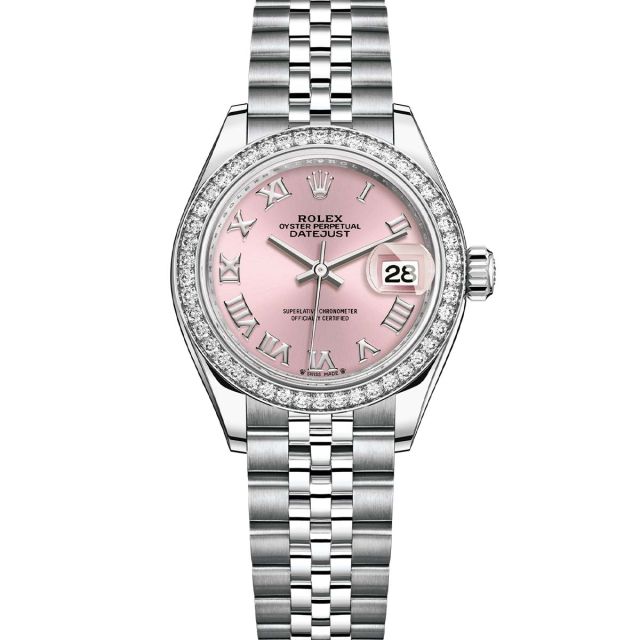 Rolex Lady-Datejust 28 279384RBR Wristwatch Jubilee Bracelet Pink Roman Dial Diamond Bezel