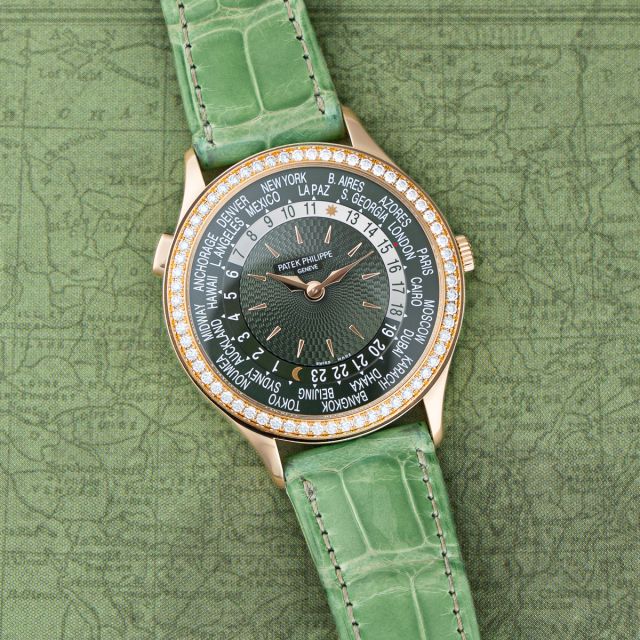Patek Philippe, Complications, World Time 7130R-014, Olive Green Old-Basket Weave Motif Dial, Green Leather Strap