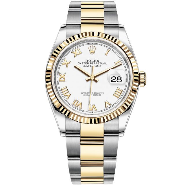 Rolex Datejust 36 126233 Wristwatch, Oyster Bracelet, White Roman Dial, Fluted Bezel