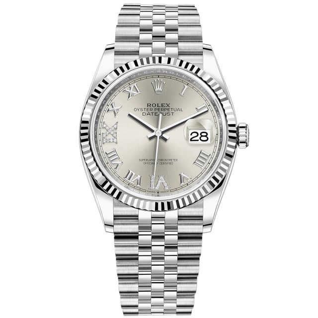 Rolex Datejust 36 126234 Wristwatch, Silver Roman VI/IX Diamond Dial, Fluted Bezel