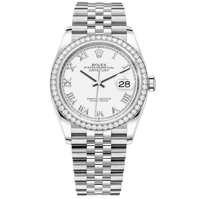 Rolex Datejust 36 126284RBR Wristwatch, Jubilee Bracelet, White Roman Dial, Diamond Bezel