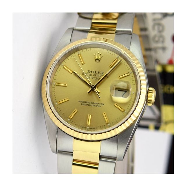 Rolex Datejust Gold Champagne Index Dial 16233 Jubilee Watch Chest