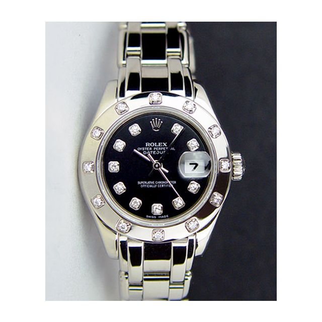Rolex Datejust Pearlmaster White Gold Black Diamond Dial Bezel 80319 Watch Chest