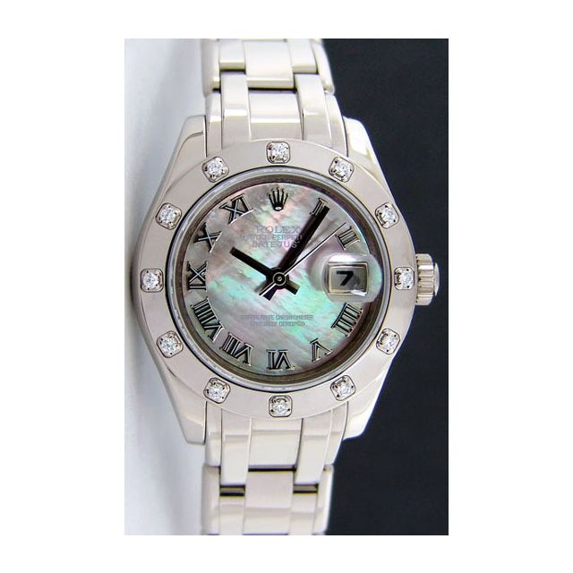 Rolex Datejust Pearlmaster White Gold Black Mother of Pearl Roman Dial Diamond Bezel 80319 Rehaut Watch Chest
