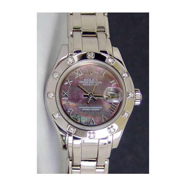 Rolex Datejust Pearlmaster White Gold Black Mother of Pearl Roman Dial Diamond Bezel 80319 Watch Chest