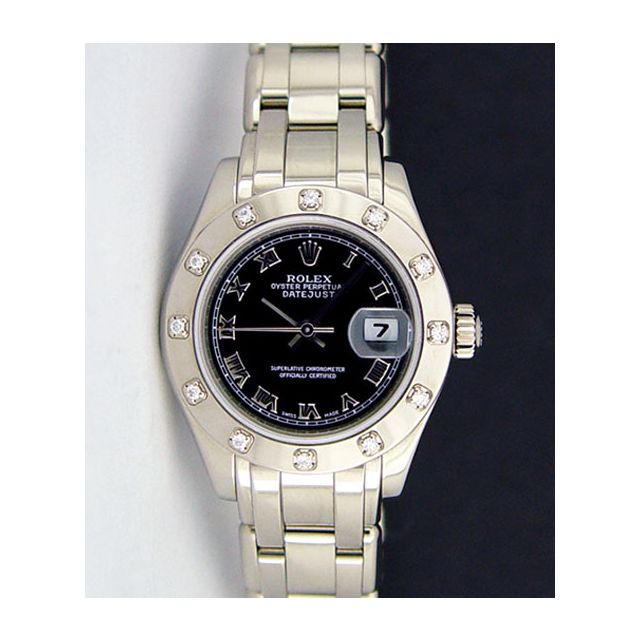 Rolex Datejust Pearlmaster White Gold Black Roman Dial Diamond Bezel 80319 Watch Chest