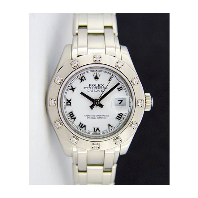 Rolex Datejust Pearlmaster White Gold White Roman Dial Diamond Bezel 80319 Watch Chest