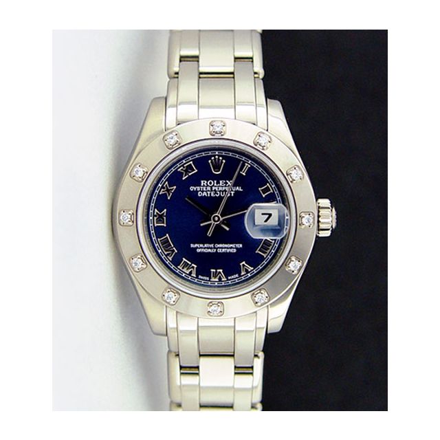 Rolex Datejust Pearlmaster White Gold Blue Roman Dial Diamond Bezel 80319 Watch Chest