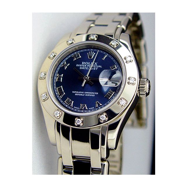 Rolex Datejust Pearlmaster White Gold Blue Roman Dial Diamond Bezel 80319 Watch Chest