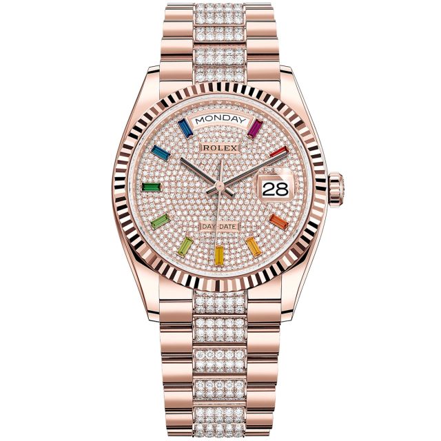 Rolex Day-Date 36 128235 Wristwatch, Diamond-Set President Bracelet, Diamond-Paved Dial, Fluted Bezel