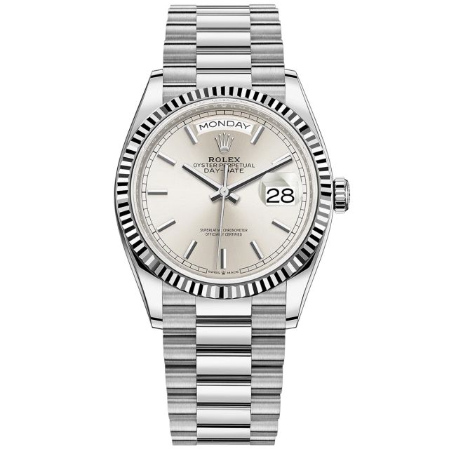 New Rolex Day-Date 36 128239 Wristwatch, President Bracelet, Silver Dial, Fluted Bezel
