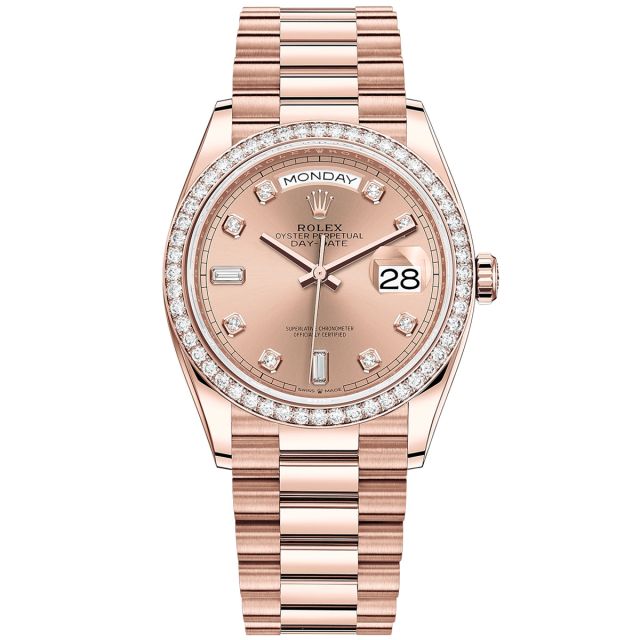 Rolex Day-Date 36 128345RBR Wristwatch, President Bracelet, Rosé Diamond Dial, Diamond Bezel