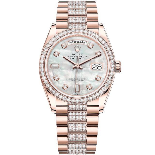 Rolex Day-Date 36 128345RBR Wristwatch, Diamond-Set President Bracelet, Mother of Pearl Diamond Dial, Diamond Bezel
