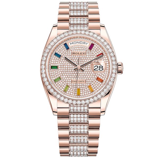 New Rolex Day-Date 36 128345RBR Wristwatch, President Bracelet, Diamond-Paved Dial, Diamond Bezel