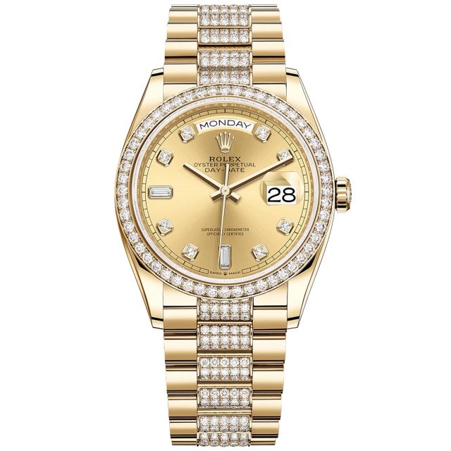 Rolex Day-Date 36 128348RBR Wristwatch, Diamond-Set President Bracelet, Champagne Diamond Dial, Diamond Bezel
