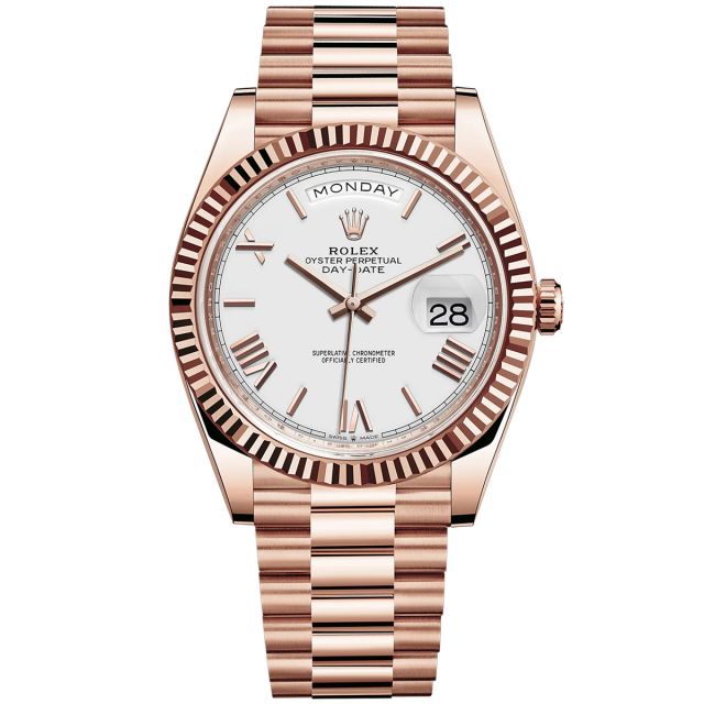 Rolex Day-Date 40 228235 Wristwatch, President Bracelet, White Roman Dial, Fluted Bezel
