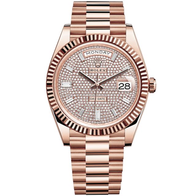 Rolex Day-Date 40 228235 Wristwatch, President Bracelet, Diamond-Paved Dial, Fluted Bezel