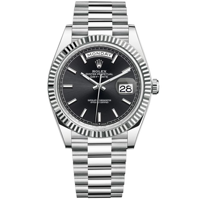 Daydate 40 228238 Bright Black Dial with Stick Marker in