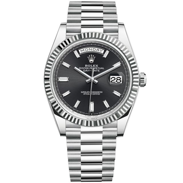 Rolex Day-Date 40 228236 Wristwatch, President Bracelet, Bright Black Diamond Dial, Fluted Bezel