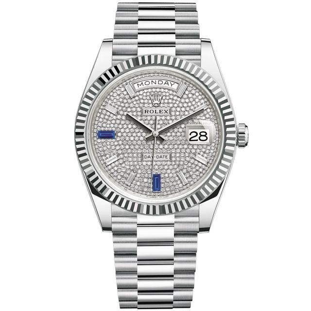 New Rolex Day-Date 40 228236 Wristwatch, President Bracelet, Diamond-Paved Dial, Fluted Bezel