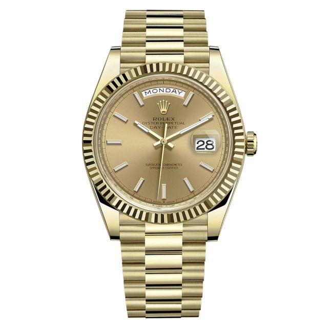 Rolex Day-Date 40 228238 Wristwatch, President Bracelet, Champagne Index Dial, Fluted Bezel
