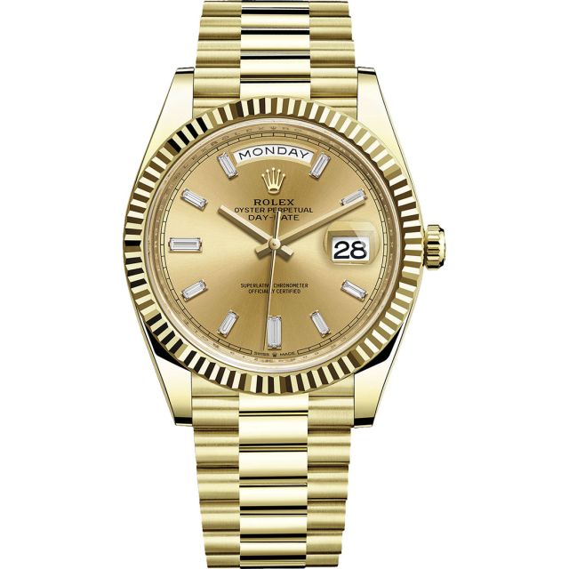 Rolex Day-Date 40 228238 Wristwatch, President Bracelet, Champagne Diamond Dial, Fluted Bezel
