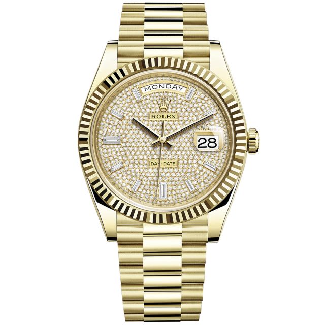 Rolex Day-Date 40 228238 Wristwatch, President Bracelet, Diamond-Paved Dial, Fluted Bezel