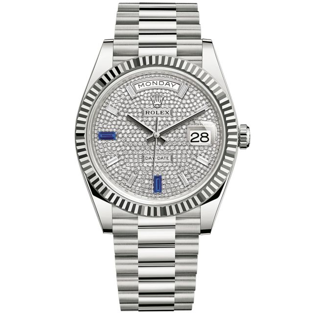 Rolex Day-Date 40 228239 Wristwatch, President Bracelet, Diamond-Paved Sapphire Dial, Fluted Bezel