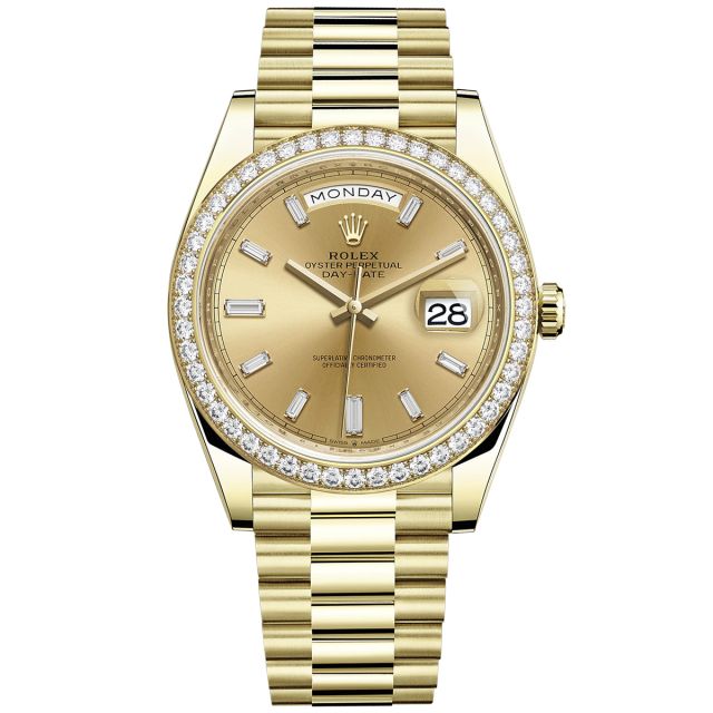 New Rolex Day-Date 40 228348RBR Wristwatch, President Bracelet, Champagne Diamond Dial, Diamond Bezel