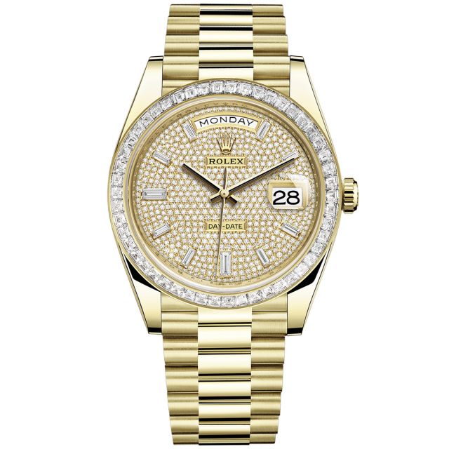 Rolex Day-Date 40 228398TBR Wristwatch, President Bracelet, Diamond-Paved Dial, Diamond Bezel